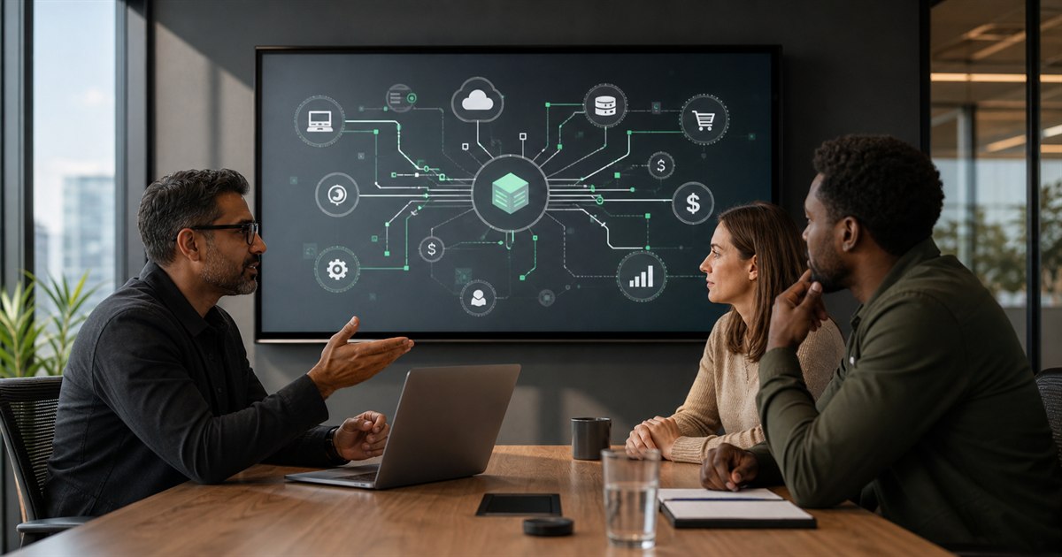 US business leaders and an integration architect reviewing connected CRM, ERP, cloud, finance, and analytics systems